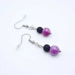 Purple Quartz Chakra Gemstone Black Drop Minimalist Earrings Handmade Jewelry